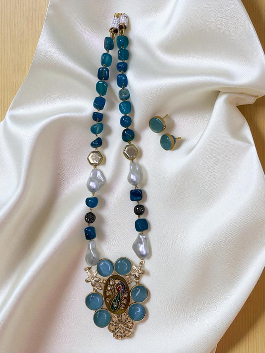 Blue Onyx & Pearl Dual-Strand Peacock Pendant Necklace