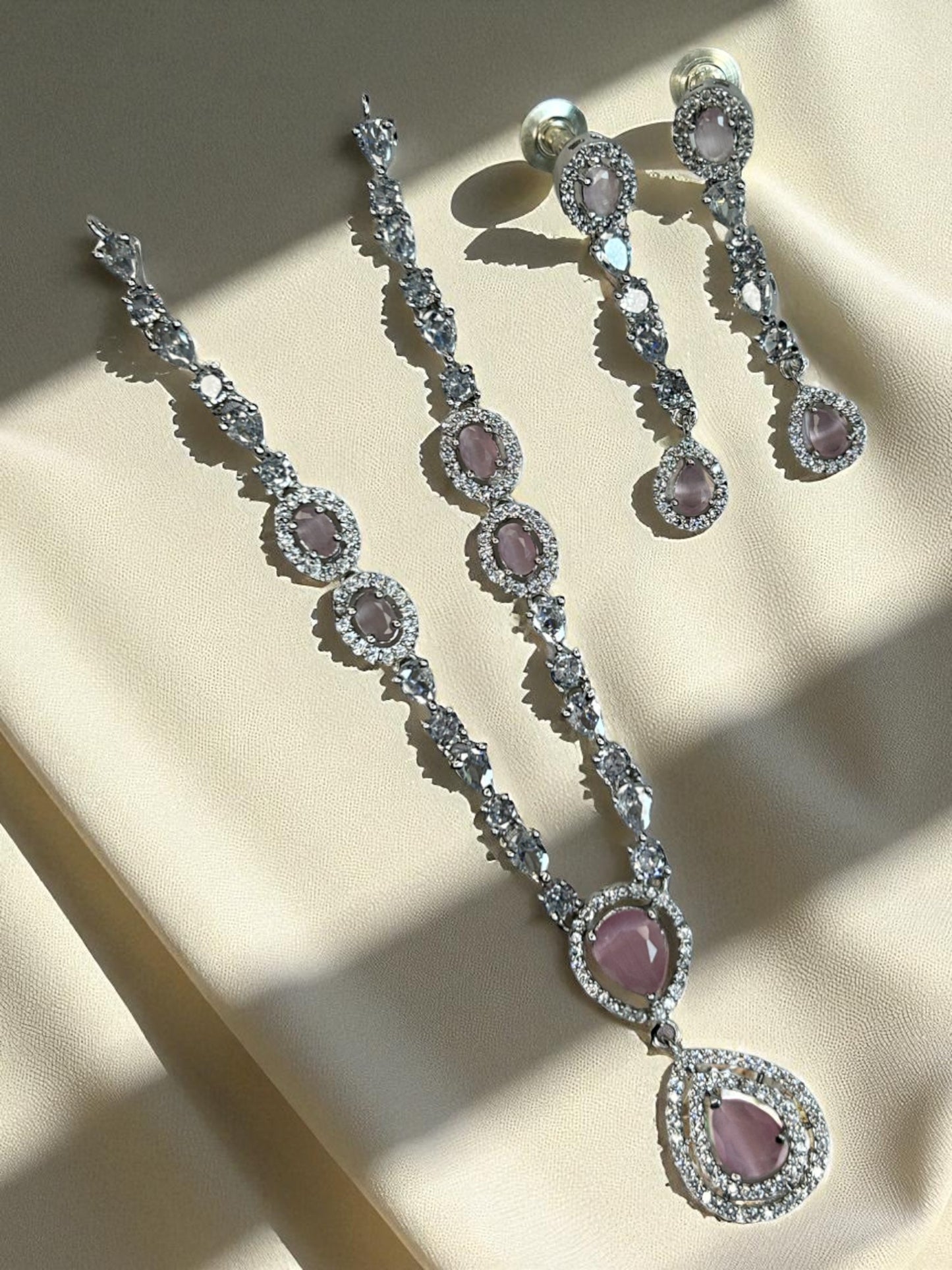 Elegant AD Jewellery Necklace and Earring Set with Maroon and Green Teardrop Stones