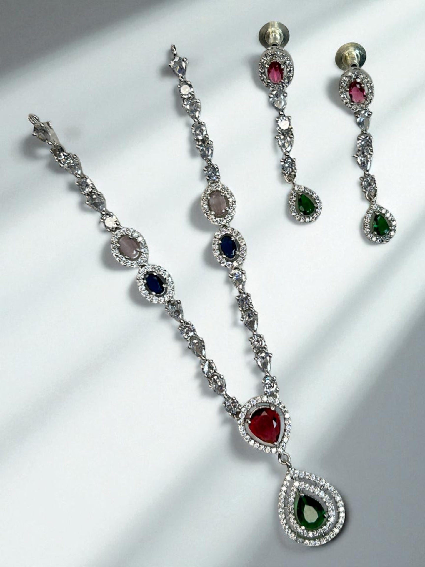 Elegant AD Jewellery Necklace and Earring Set with Maroon and Green Teardrop Stones
