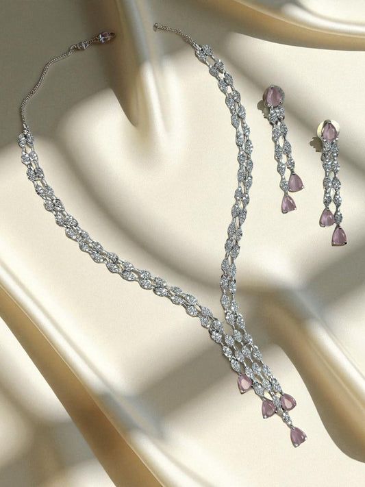 Y-Shaped American Diamond Necklace Set with Emerald Green Drop Stones