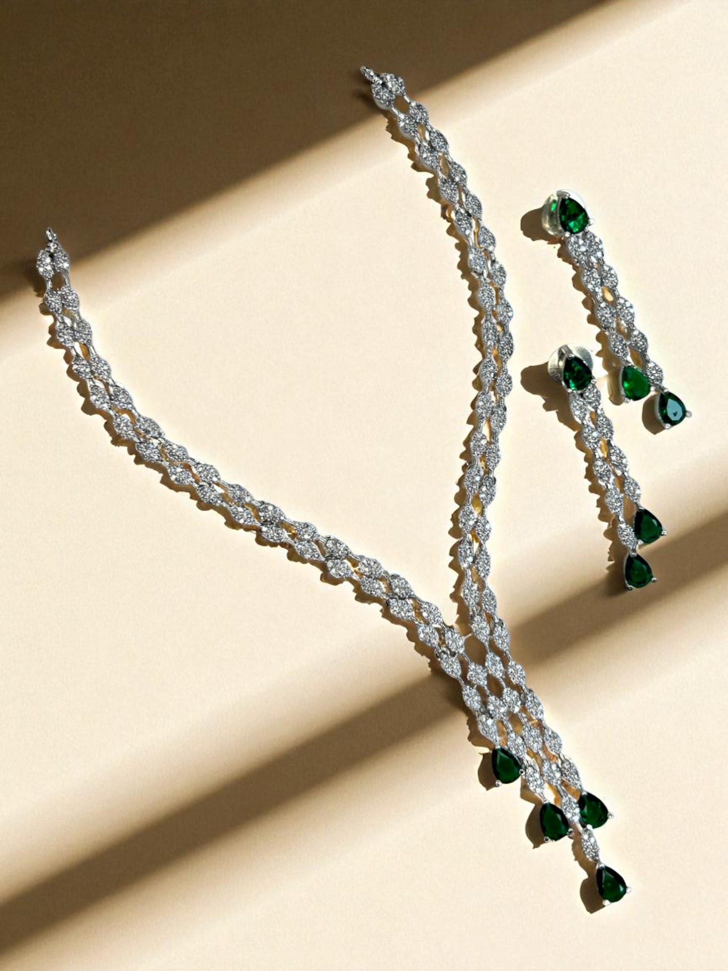 Y-Shaped American Diamond Necklace Set with Emerald Green Drop Stones