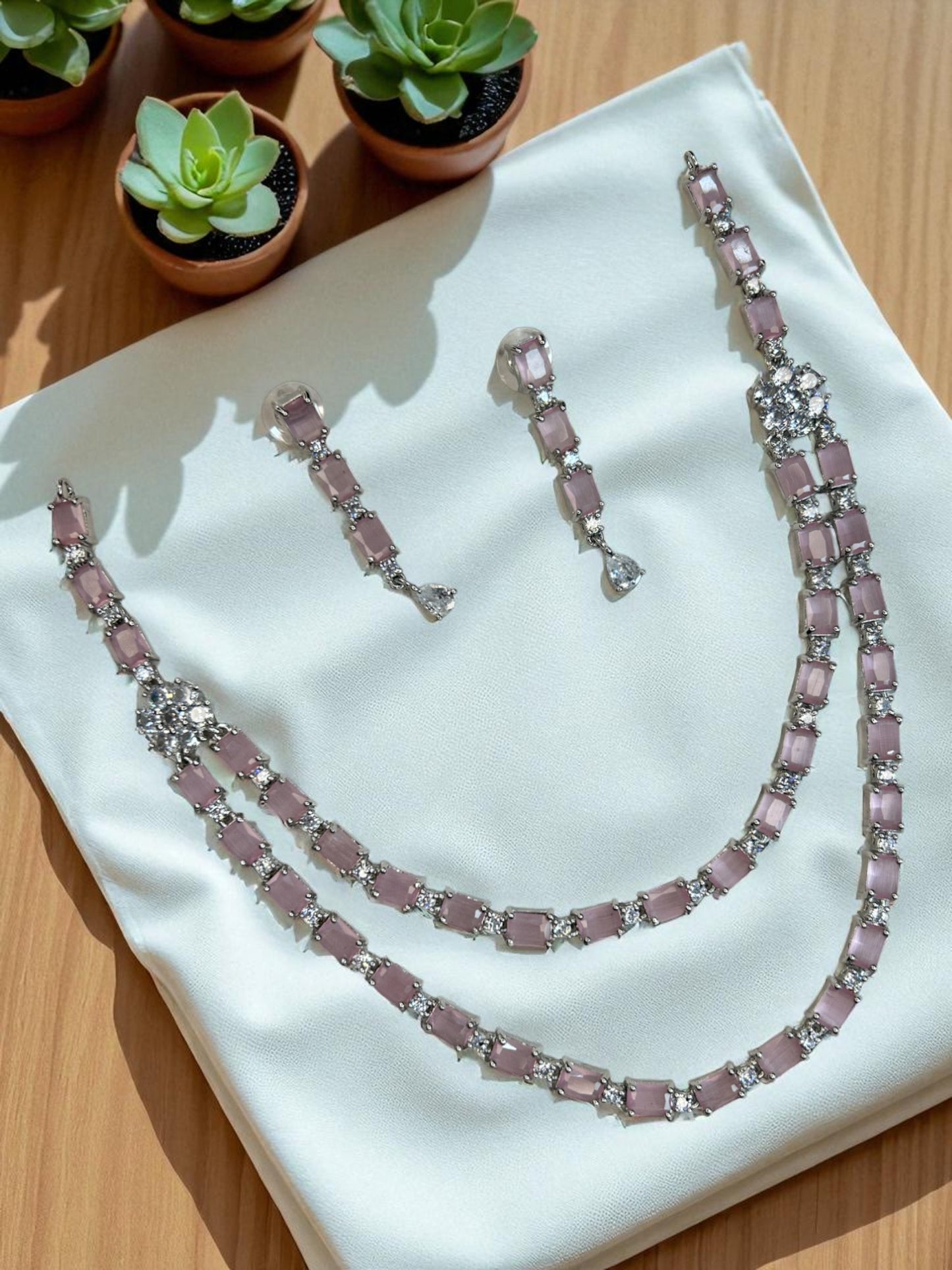 Elegant Blue Baguette-Cut Stone Necklace Set with American Diamonds