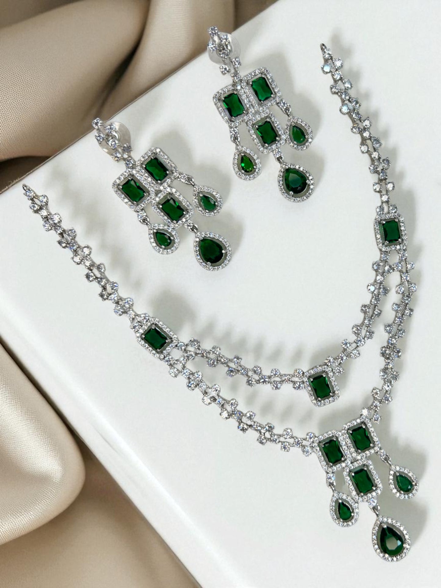 Emerald Green American Diamond Chandelier Necklace Set
