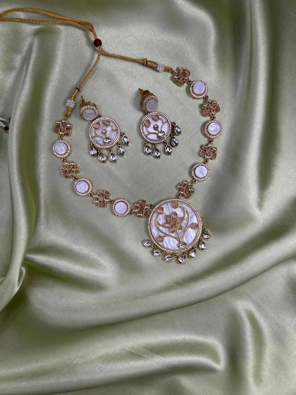 Pearl Mosaic Floral MOP Kundan Necklace & Earring Set
