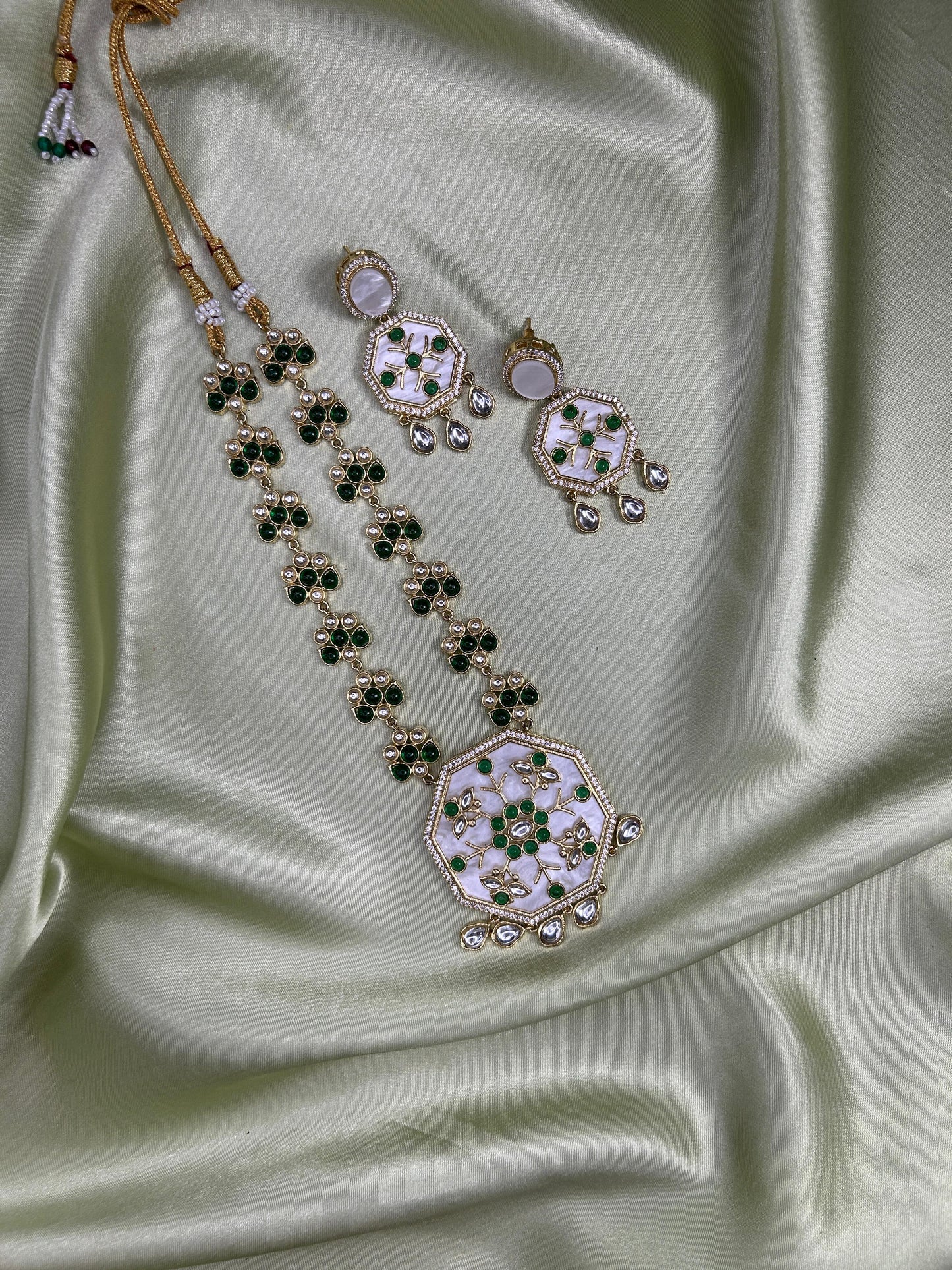 Emerald Blossom Octagon MOP Kundan Necklace & Earring Set