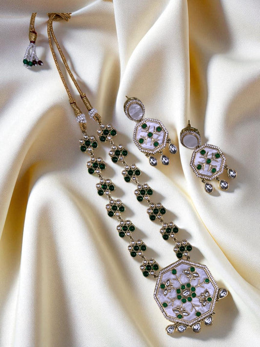 Emerald Blossom Octagon MOP Kundan Necklace & Earring Set