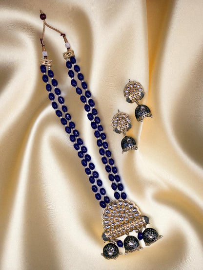 Regal Blue Beaded Long Necklace Set with Kundan and Jhumka Accents