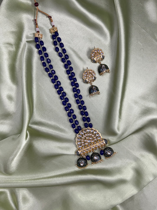Regal Blue Beaded Long Necklace Set with Kundan and Jhumka Accents