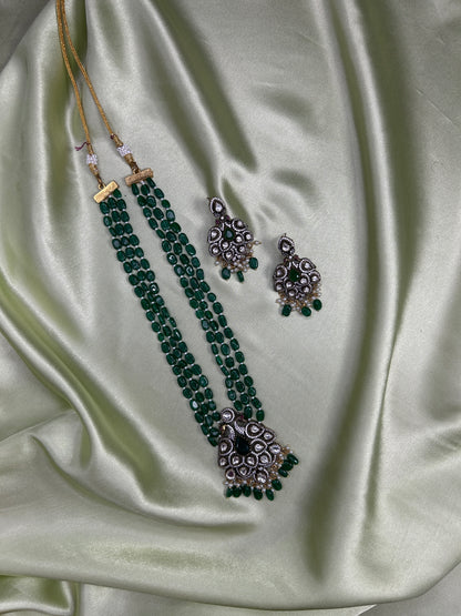 Elegant Green Bead Haaram Featuring a Victorian Pendant and Earrings