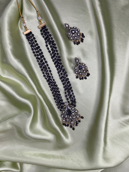 Elegant Green Bead Haaram Featuring a Victorian Pendant and Earrings