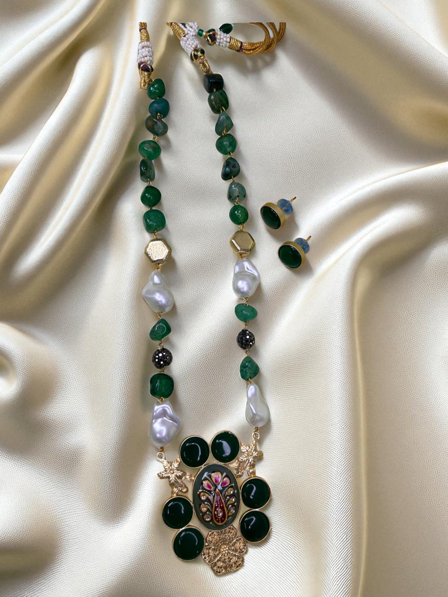 Blue Onyx & Pearl Dual-Strand Peacock Pendant Necklace