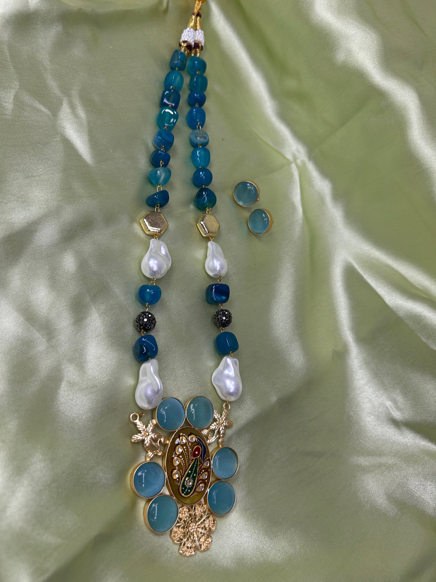 Blue Onyx & Pearl Dual-Strand Peacock Pendant Necklace