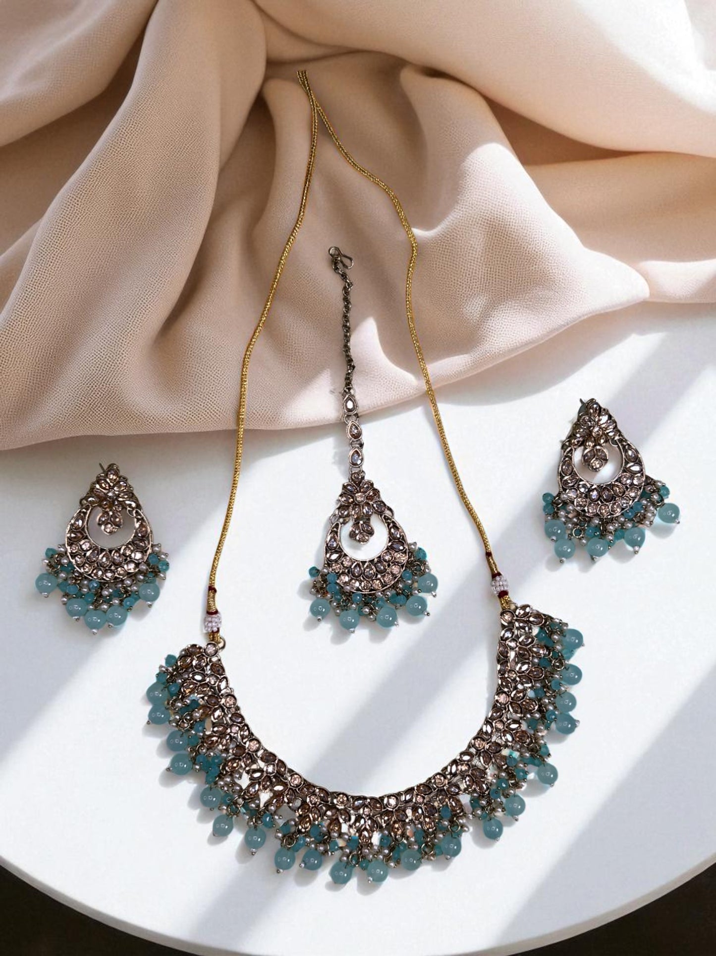 Indian style ethnic Reverse AD jewellery set with Maang Tikka