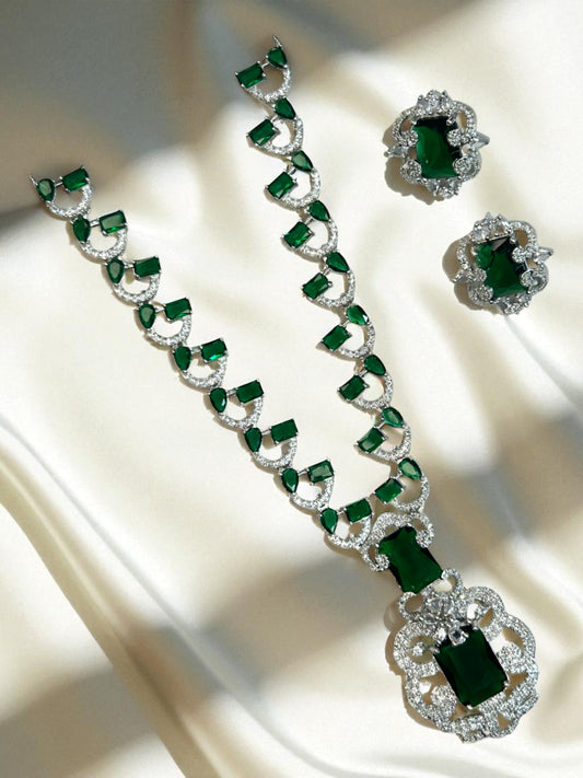 Nita Ambani inspired American Diamond Necklace Set/ CZ Necklace/ Reception Jewellery/ Bollywood Jewellery/Silver green