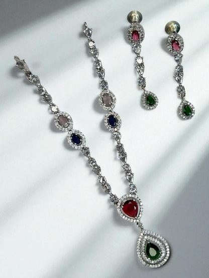 Elegant AD Jewellery Necklace and Earring Set with Maroon and Green Teardrop Stones