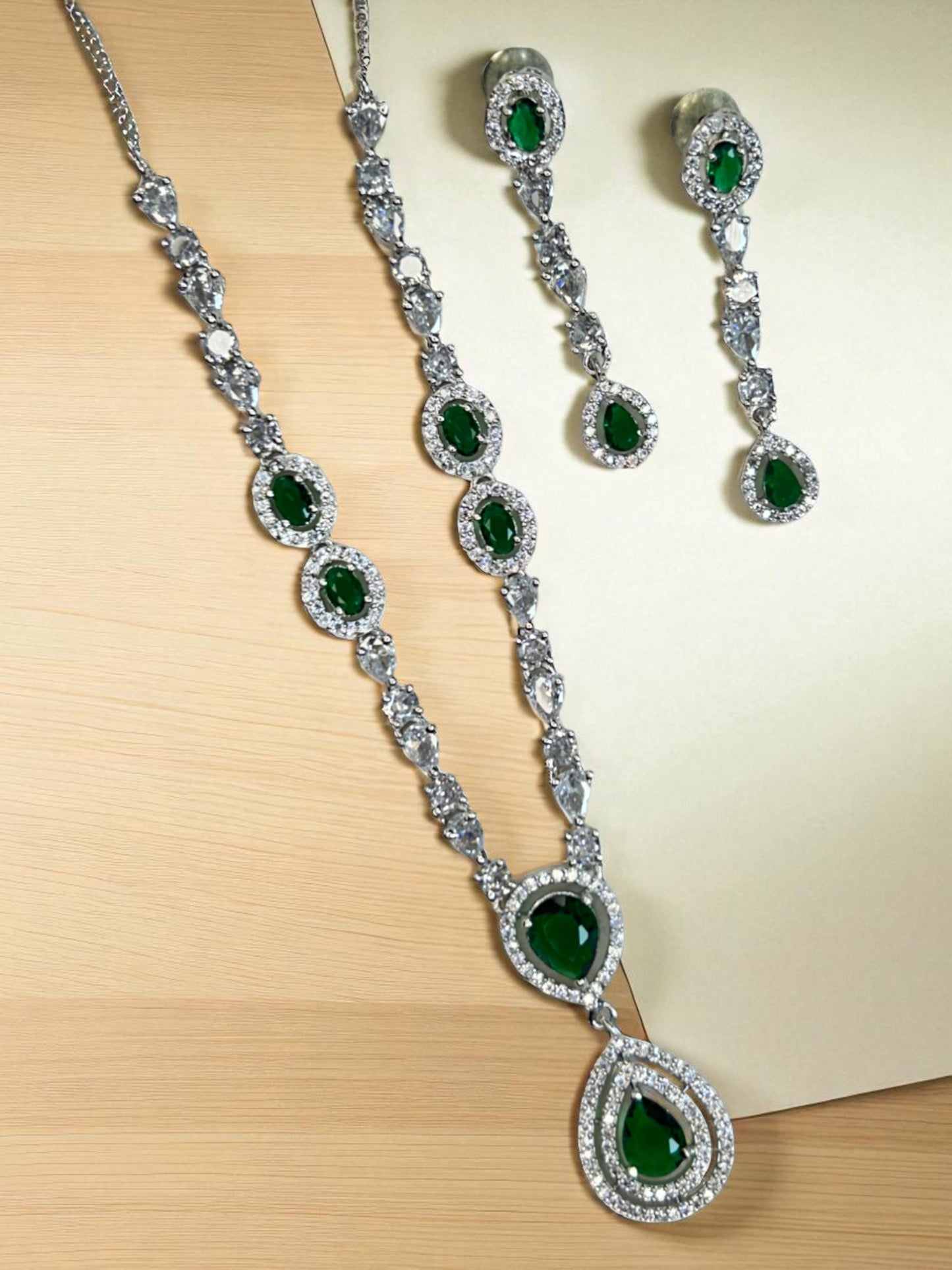 Elegant AD Jewellery Necklace and Earring Set with Maroon and Green Teardrop Stones