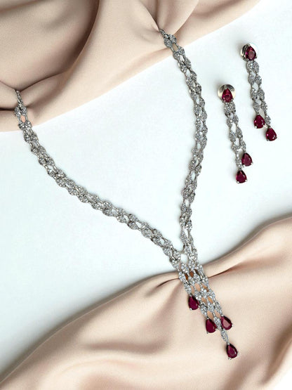 Y-Shaped American Diamond Necklace Set with Emerald Green Drop Stones