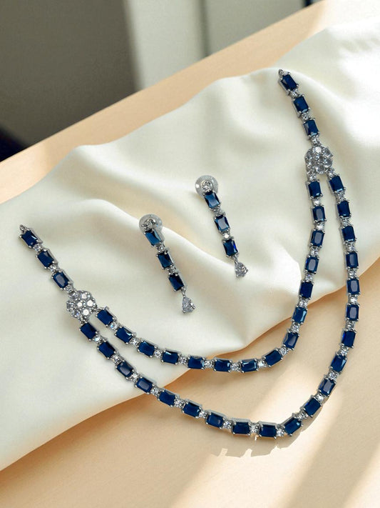 Elegant Blue Baguette-Cut Stone Necklace Set with American Diamonds