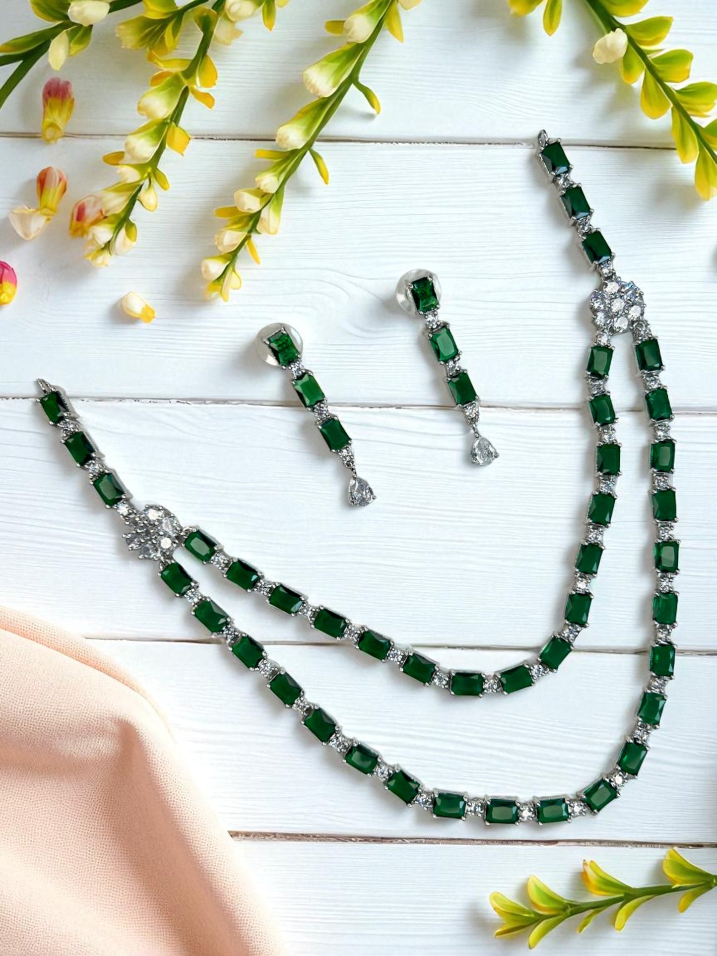 Elegant Blue Baguette-Cut Stone Necklace Set with American Diamonds