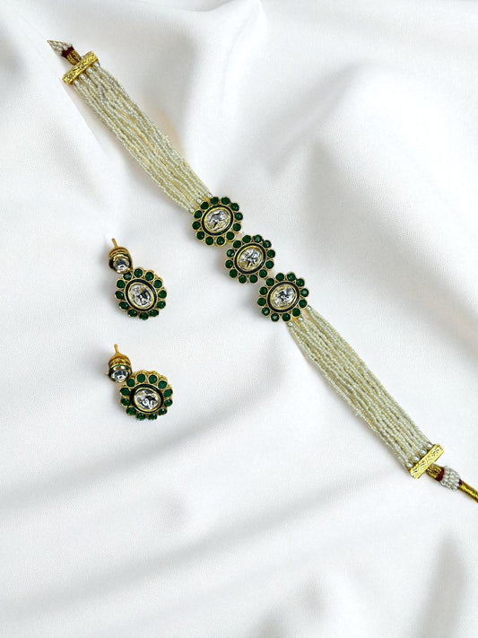 Pearl Strand Emerald Kundan Choker Set