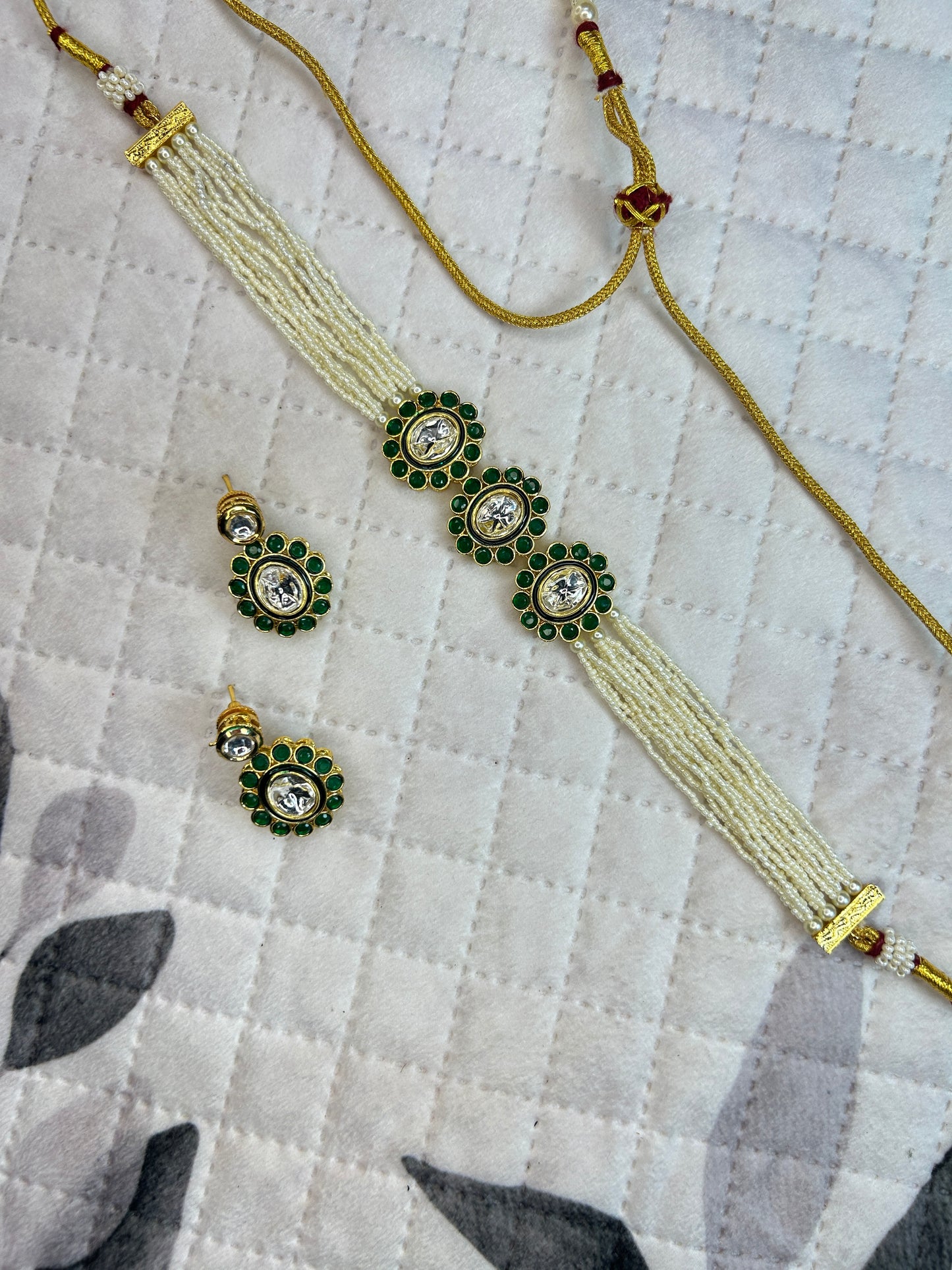 Pearl Strand Emerald Kundan Choker Set