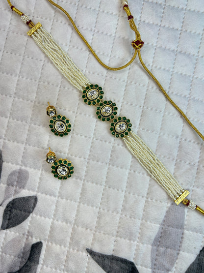 Pearl Strand Emerald Kundan Choker Set