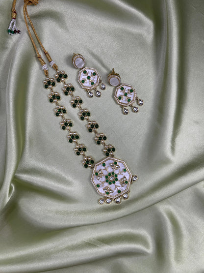 Emerald Blossom Octagon MOP Kundan Necklace & Earring Set