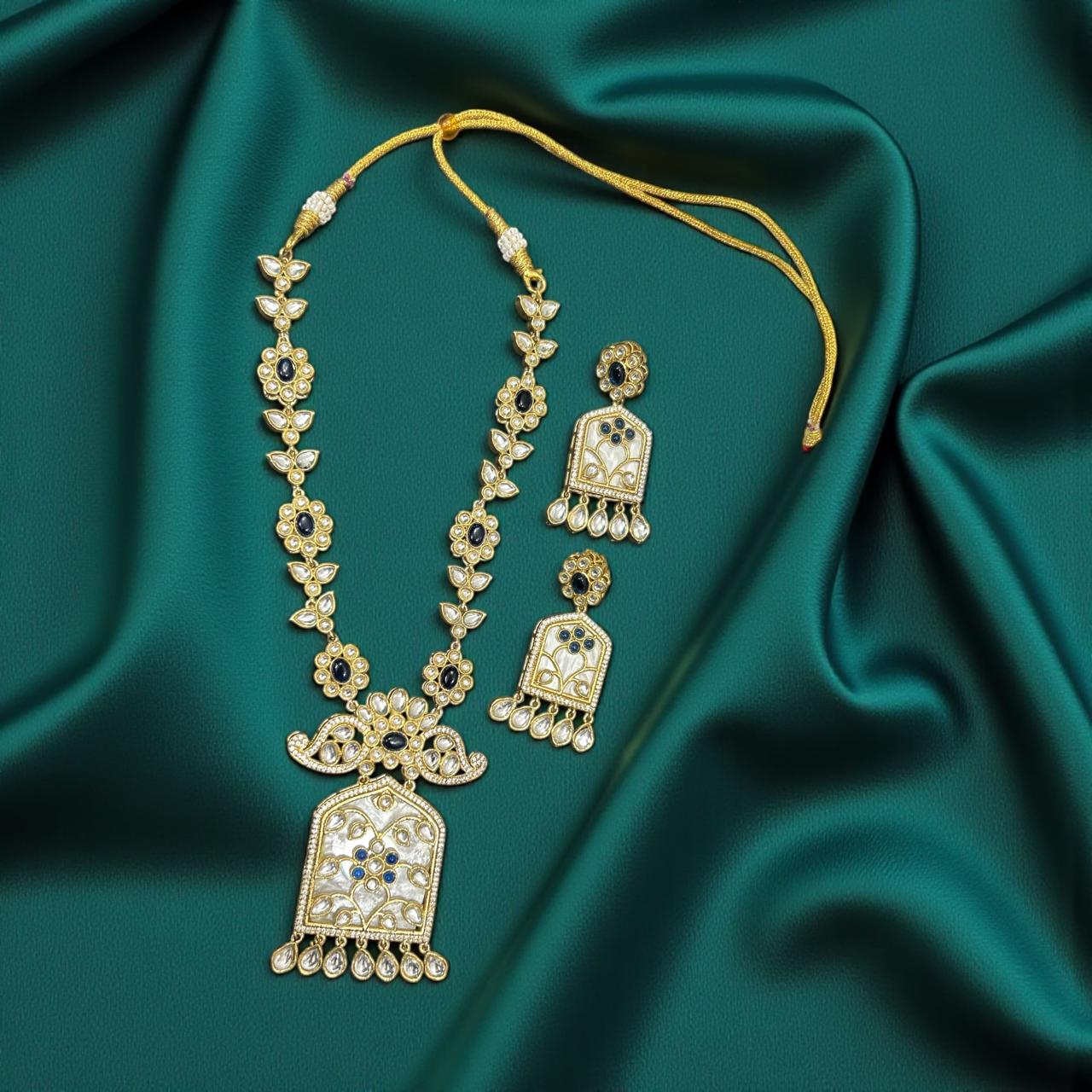 Dark Blue & Kundan Temple Pendant Necklace Set