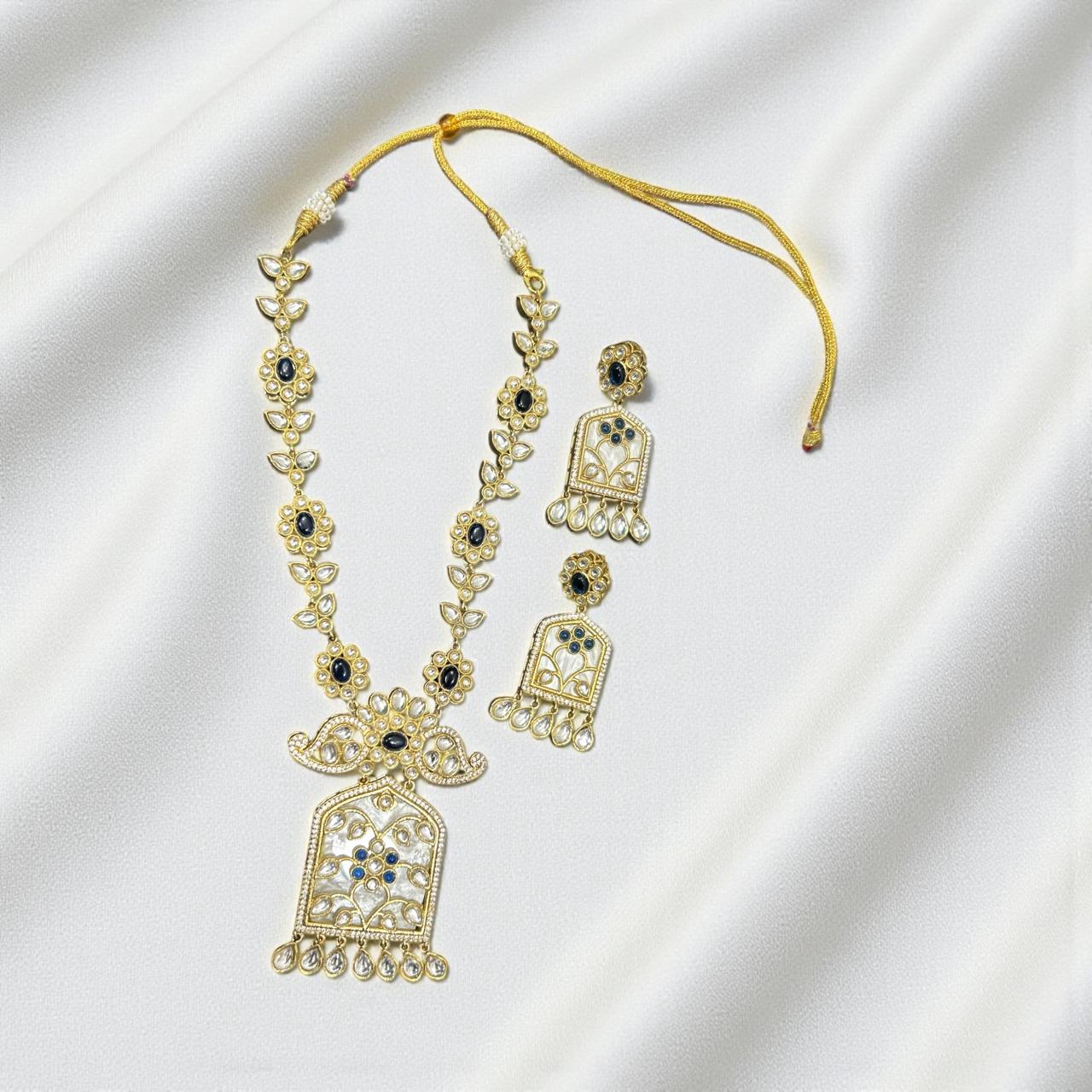 Dark Blue & Kundan Temple Pendant Necklace Set